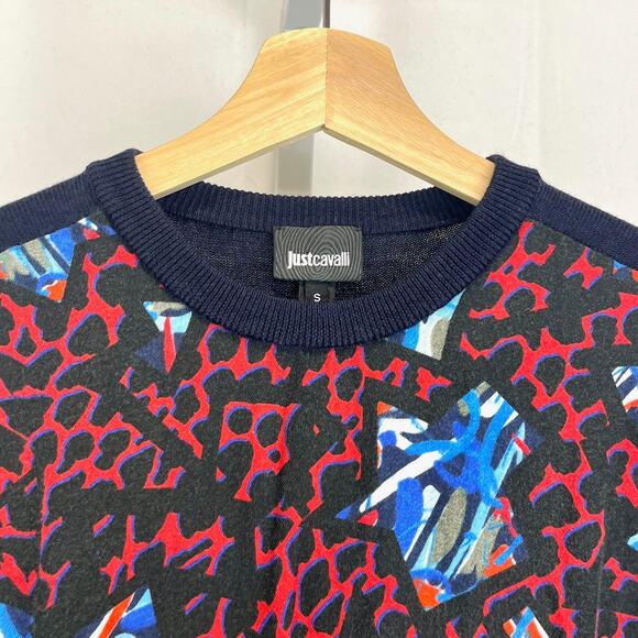 JUST CAVALLI Italy Patterned Crew Neck Sweater Pullover Navy Blue Red Size S - Picture 4 of 8